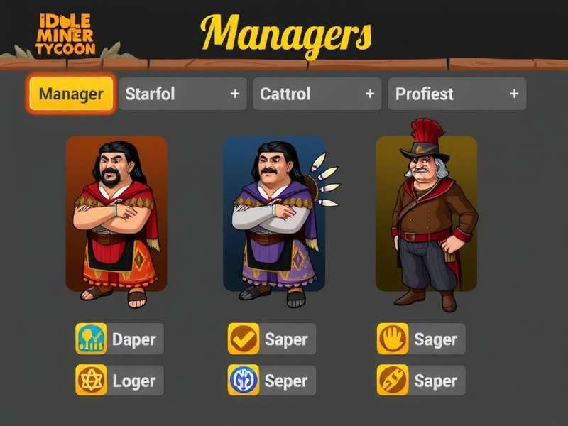 Idle Miner Tycoon - Managers Idle Miner Tycoon managers interface showing different manager characters including Indian-themed managers