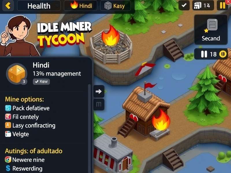 Idle Miner Tycoon - Gameplay Screenshot Idle Miner Tycoon gameplay showing mine management interface with Hindi options